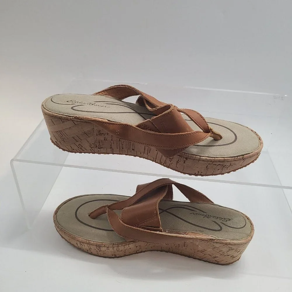 Eddie Bauer Leather Tan Strappy‎ Sandals Cork Wedge Women's US Size 9.5